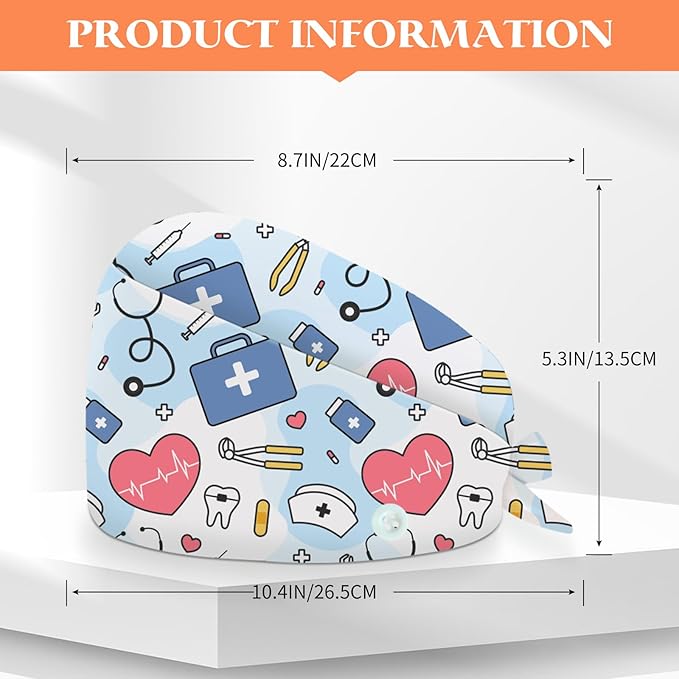 Adjustable Scrub Cap with Buttons & Sweatband, Working Hat with Elastic Tie Back, Unisex Nurse Surgical Caps for Women & Men