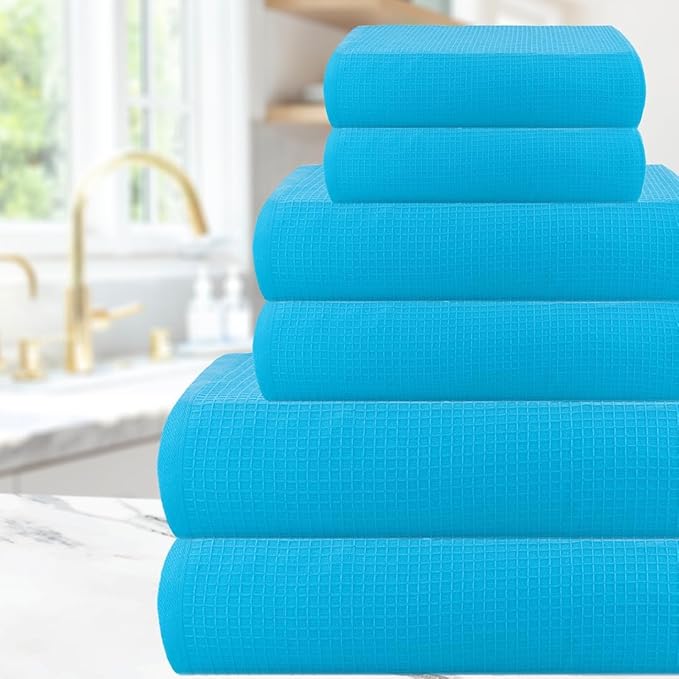 CASA COPENHAGEN Waffle 6Pcs 100% Egyptian Cotton Large Designer Towels Gift Set- Teal Blue, 2Bath 2Hand 2Washcloths, Bath Towels for Bathroom (Box Pack, Set for Women & Men)