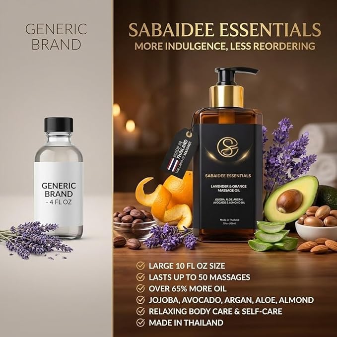 Aromatherapy Massage Oil - Lavender Oil & Orange 10 Fl Oz - Thai Body Oil for Massage Therapy with Jojoba, Avocado, Argan, Aloe, Almond - Relaxing Body Care & Self-Care