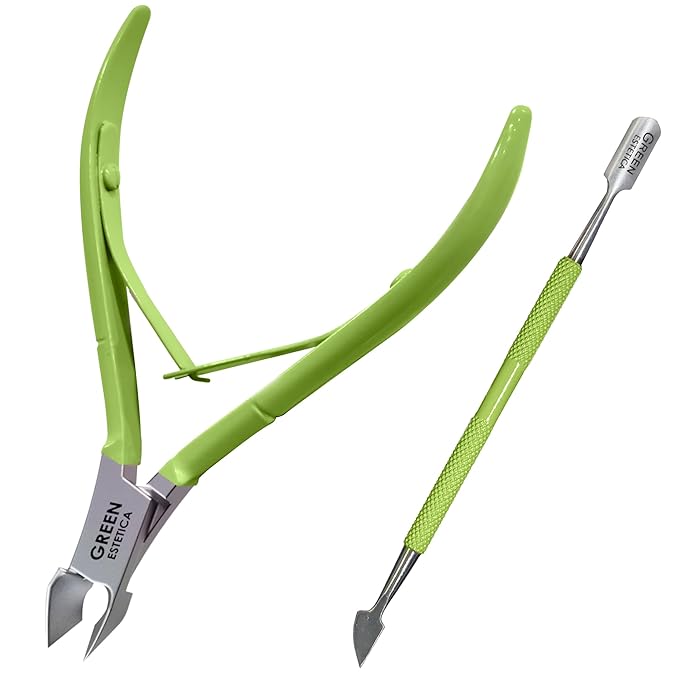 Professional Cuticle Trimmer Nail Cuticle Cutter Stainless Steel Cuticle Nippers with Sharp Blades Double Spring Manicure Tools for Nail Care Pedicure Home Spa (Green - Pusher Included)