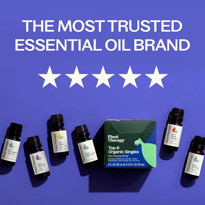 Plant Therapy Top 6 USDA Organic Essential Oil Set - Lavender, Peppermint, Eucalyptus, Lemon, Tea Tree 100% Pure, Natural Aromatherapy, for Diffusion & Topical Use, Therapeutic Grade 10 mL (1/3 oz)