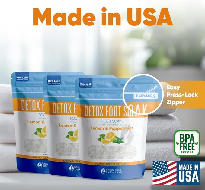 Detox Foot Soak (3 Pack) Epsom Salt Soothing Soaks and Athlete's Foot Detox with Essential Oils in BPA Free Pouch with Press Lock Seal (Bundle with Three 2 Lbs Pouches 6 Lbs Total)