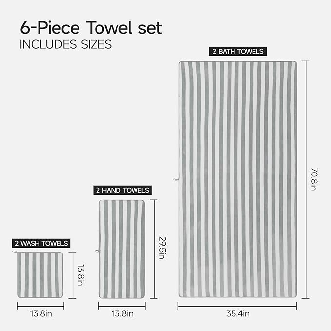 REDKISS Ultra Soft Bath Towel Sets 6-Piece 35"x70" | 100% Microfiber, Highly Absorbent & Quick Dry | Grey Towels for Bathroom, Spa, Gym | 2 Bath, 2 Hand, 2 Washcloths