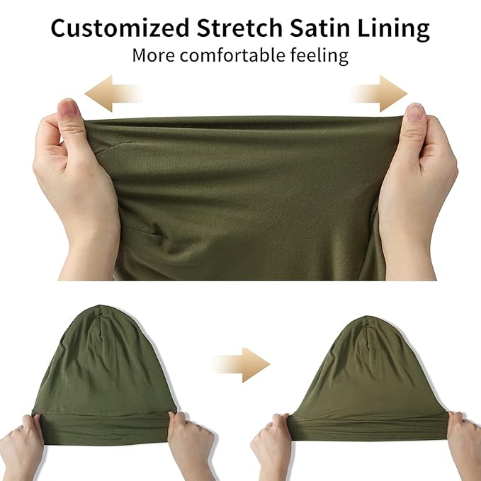 Satin Bonnet Silk Lined Sleep Cap- Adjustable Hair Cover for Women Men Frizzy Hair Night Cap Patients Care Olive Green