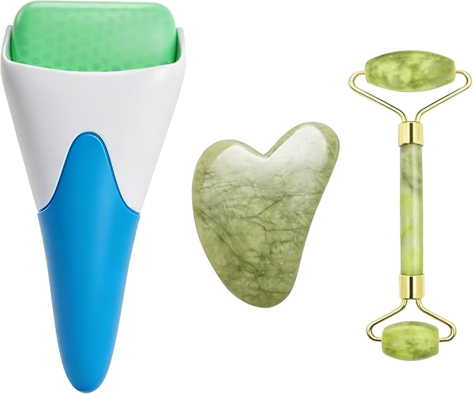 Chikoni 3 in 1 Ficial Face Ice Jade Roller and Gua Sha Tool, 100% Natural Real Jade Anti-Wrinkle Face Eye Neck Massager Tool, Reduce Wrinkles, Puffiness, Migraine, Redness, Pain and Injury (Blue)