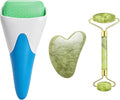 Chikoni 3 in 1 Ficial Face Ice Jade Roller and Gua Sha Tool, 100% Natural Real Jade Anti-Wrinkle Face Eye Neck Massager Tool, Reduce Wrinkles, Puffiness, Migraine, Redness, Pain and Injury (Blue)