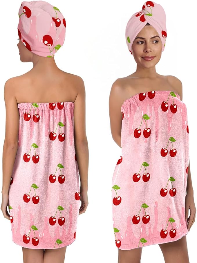 Women’s Cherry Print Bath Wrap and Hair Towel Set, Soft Absorbent Microfiber Shower Body Skirt with Elastic Closure, Quick-Dry Lightweight Spa Towel Outfit for Home, Gym & Travel (Cherry 9)