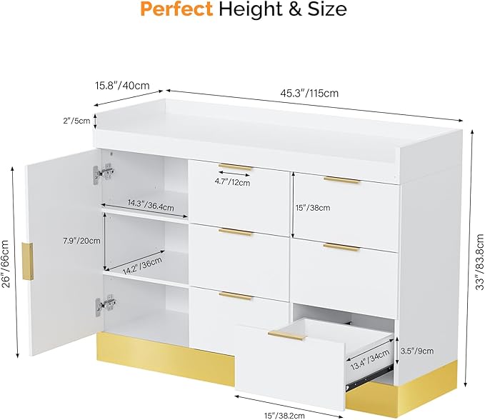 OmySalon Salon Station for Stylists, Free Standing Barber Vanity with 6 Drawers, 1 Cabinet & Adjustable Shelves, Large Storage Hair Beauty Furniture for Barbershop, White Gold