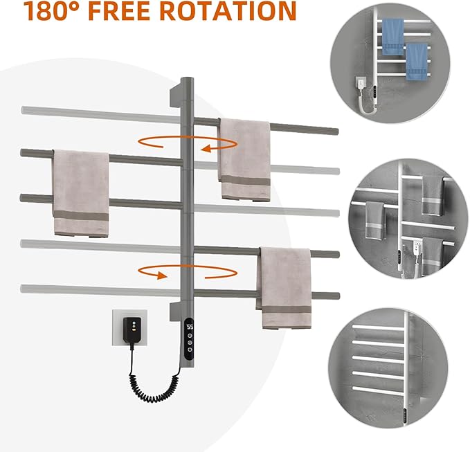 Electric Towel Warmer,5-Bar Rotating Heated Towel Rack,2-3 Minutes to 55°C/131°F,Wall Mounted Towel Warmer with Timer and Multi-Stage Temperature Regulation,Plug-in/Hard-Wired,Grey