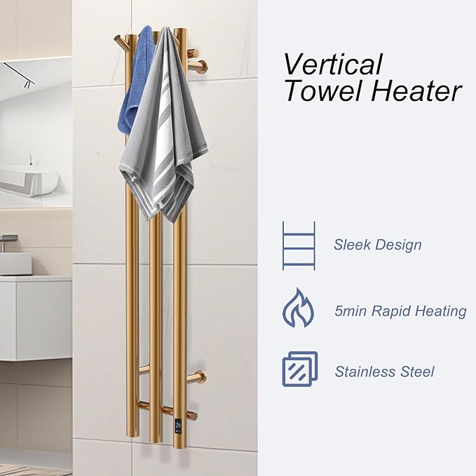 Electric Heated Towel Rack with Timer, Wall-Mounted Towel Warmer, 3 Vertical Bars, Plug-in or Hardwired, 37.4 Inch Height, Round Design (Gold)