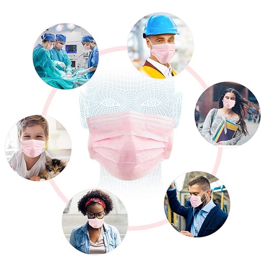 Wecolor 100 Disposable Face Masks for Adults, Outdoor, Airport, Farm, Garden, Non-Woven Fabric and Meltblown Fabric, Soft, Comfortable Face Mask, Anti-Fog, Wide Earbands - Pink