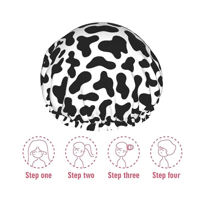 Black And White Cow Skin Abstract Animal Farm Shower Cap For Women Adjustable Double Waterproof Layers Bathing Bath Cap Hair Protection Reusable Ladies Spa Salon Shower Hat