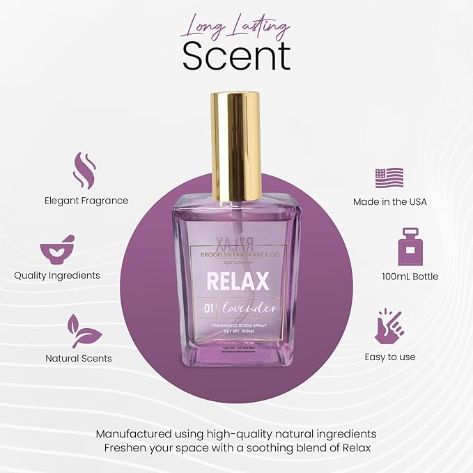 Brooklyn Fragrance Co. BFC-Spa Room Spray – Premium Relax Lavender Scent - Long lasting Fragrance for Home, Office or Bathroom – Air Freshener Rectangle Spray bottle – 100 ml