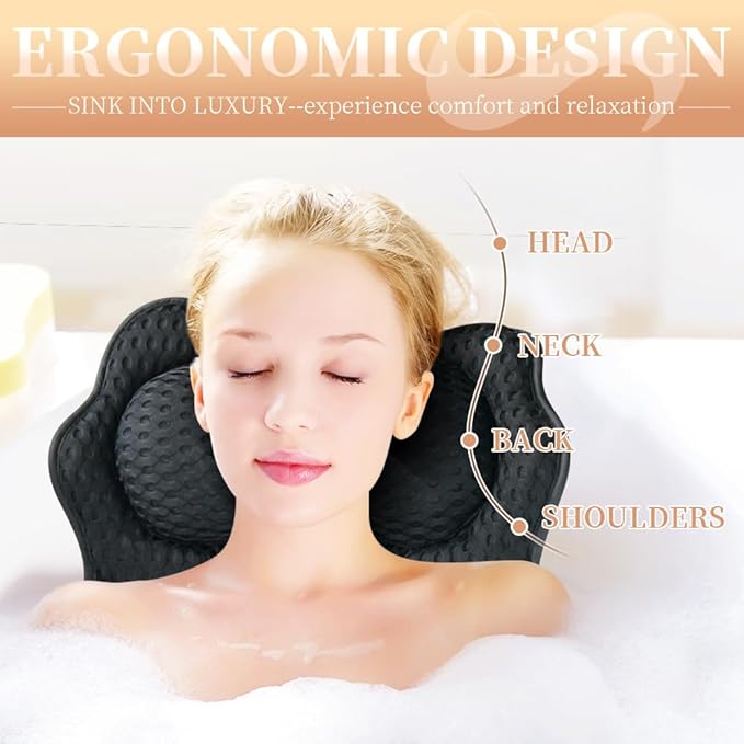 Bath Pillows for Tub, Bath Pillow, Bathtub Pillow, and Luxury Bath Accessories for Head, Neck & Back Support, Relaxing Spa Bath Tub Pillow with 6 Strong Suction Cups (Black)