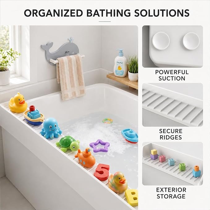 Bathtub Splash Guard for Tub Kids, Silicone Bath Toy Holder & Tub Side Tray with Suction Cups, Bath Tub Shelf for Kids, Bathtub Toy Storage, Pink