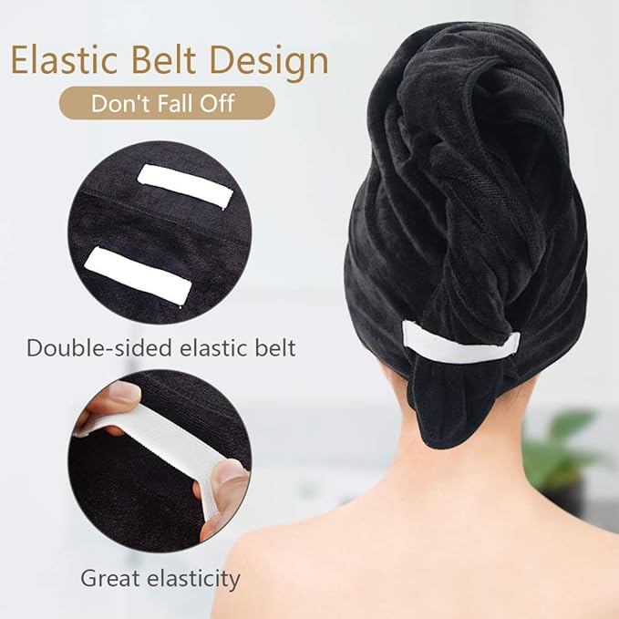 SUNLAND Microfiber Hair Towels Anti Frizz Hair Drying Towel Super Absorbent Fast Drying Turbans for Wet Curly Hair Soft Hair Towel Wrap with Elastic Band for All Hair Types 40 X 20 inches 2Pack Black