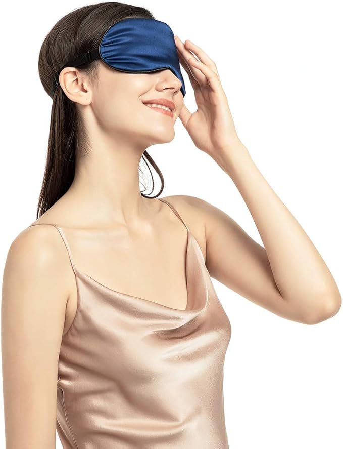 100% Mulberry Silk Sleep Mask Blackout, Cute Natural Sleeping Mask with Adjustable Elastic Strap, Satin Eye Cover for Men Women Adults (Navy Blue)