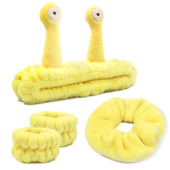 Face Wash Headband, Skincare Wrist Bands for Washing Face Set Spa Hair Bands Gift for Women Girls with a Hair Scrunchie, Cute Yellow snail tentacle Elastic Headband, for Face Washing Makeup Skincare