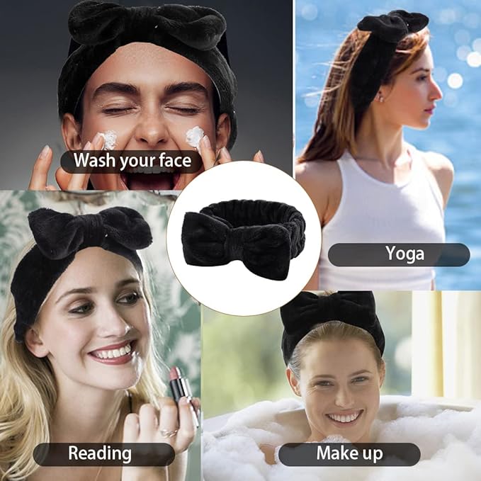 WHAVEL 6 Pack Spa Headbands,Black Makeup Microfiber Bowtie Headbands Soft Bowknot Fluffy Elastic Hair Band