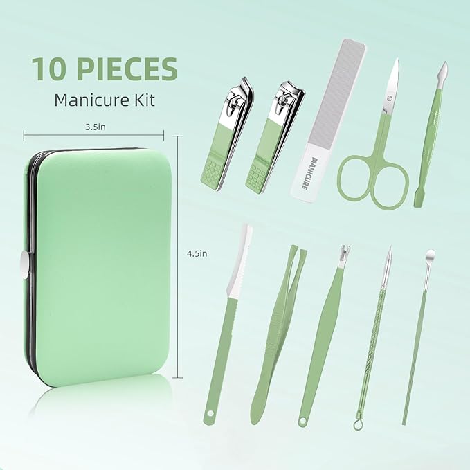 10 in 1 Manicure kit Personal Care Men's Accessories, Professional Nail Kit Pedicure Kit, toe nail clippers for Men and Beauty Tools Portable Set, Travel deluxe Beauty Tools Convenience Set(Green)