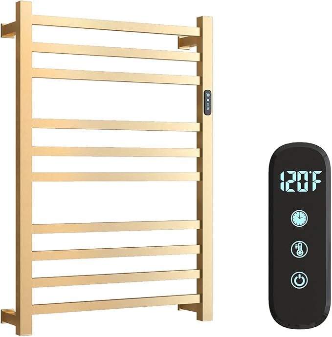 Luxury Heated Towel Rack Wall Mounted Towel Warmers, 10 Bars Towel Warmer Rack for Bathroom with Timer & Temperature Multi-Level Adjustable, Hardwired and Plug-in Compatible (Brushed Gold)