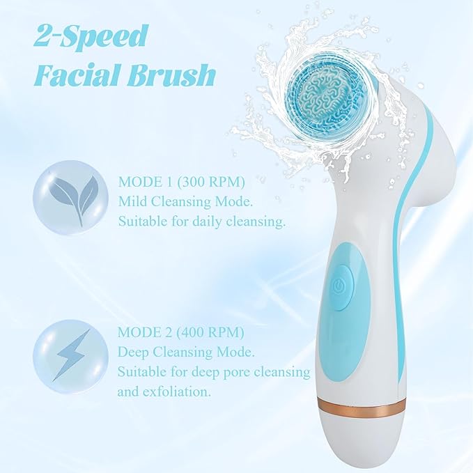 Facial Cleansing Brush, 3in1 Silicone Face Scrubber, Waterproof Facial Scrubber for Deep Cleansing, Rechargeable Face Exfoliation Brush with 2 Adjustable Speeds, Face Spin Brush for Women Men (Blue)