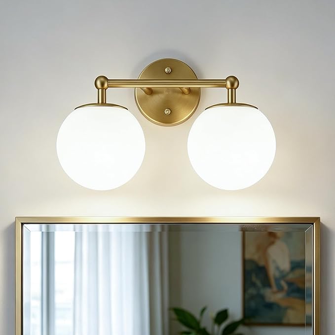 AKEZON Gold Bathroom Light Fixtures, 2-Light Vanity Lights Over Mirror Wall Sconce with Milky White Frosted Glass Shade, Mid Century Farmhouse Vanity Lighting for Bedroom Hallway