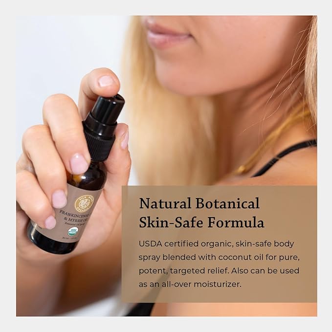 Silk Road Organic Frankincense Oil & Myrrh Essential Oil Spray, 100% Pure USDA Certified Aromatherapy for Body Aches, Stiffness & Tingling, Stress Relief, & Skin - 1 Oz Spray