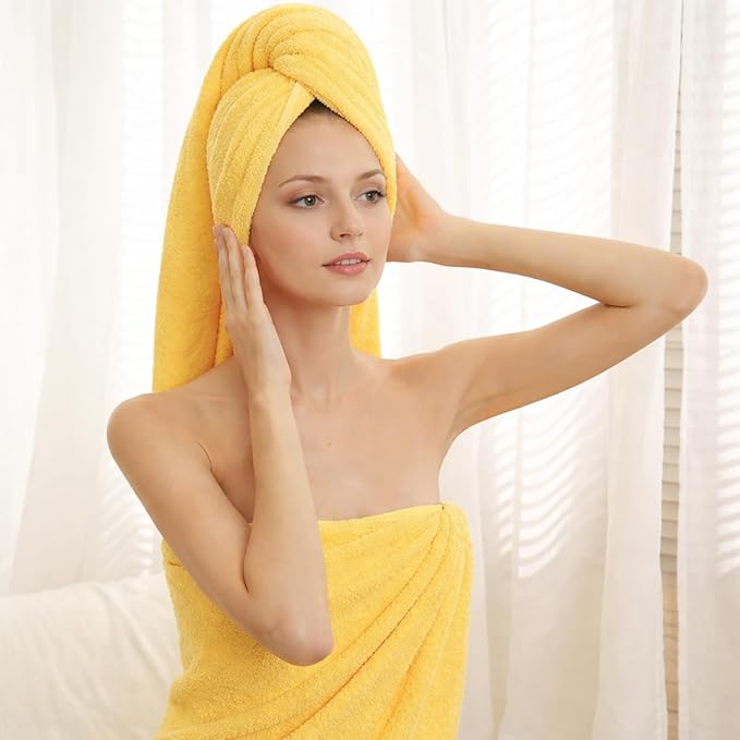 SEMAXE 4 Piece Yellow Bath Towel Set for Bathroom, 100% Cotton Bath Towels with Hanging Loop, 55 x 27 Inch, Soft Absorbent & Quick Dry, for Home