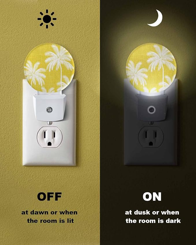 Night Lights Auto Sensor Tropical Palm Trees Night Light Yellow Linen Coastal Round Lamp Plug-in LED Nightlights Dusk to Dawn for Living Room Bedroom Bathroom Hallway Wall Decor