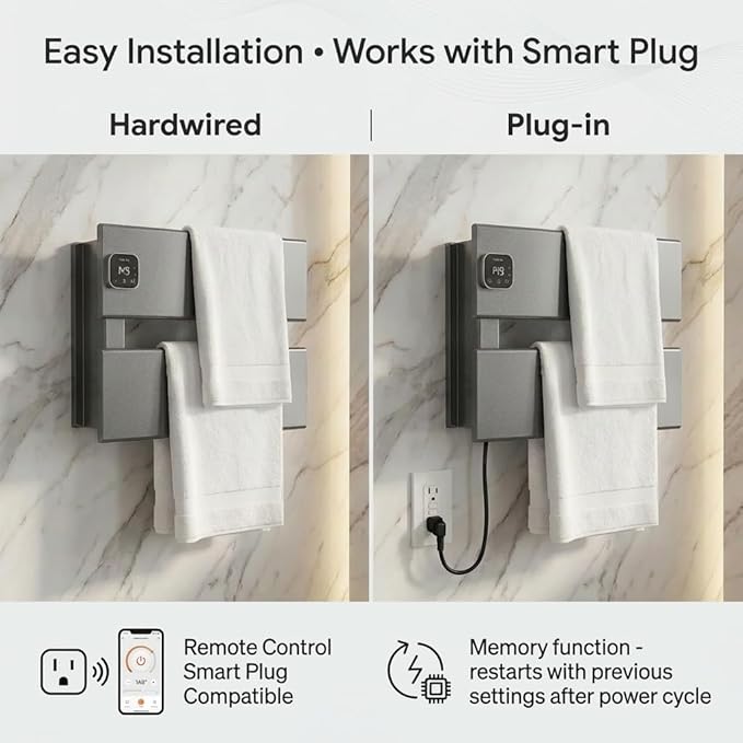 Electric Towel Warmer, Heated Towel Rack with Thermo Control and Timer, Fast Heating Towel Rail for Bathroom with Memroy Function, Work with Smart Plug, Left-Wiring, 2 Panel, Gun Gray