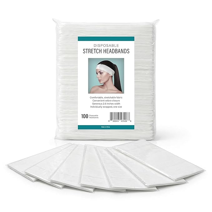 APPEARUS Disposable Stretch Facial Headbands, 100 Count, Snag-Free Adhesive Tab Closure, for Spa, Estheticians, Waxing and Lash Extensions, White