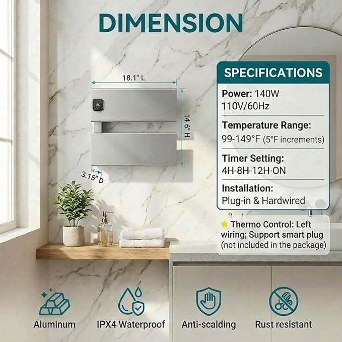 Electric Towel Warmer, Heated Towel Rack with Thermo Control and Timer, Fast Heating Towel Rail for Bathroom with Memroy Function, Work with Smart Plug, Left-Wiring, 2 Panel, Silver