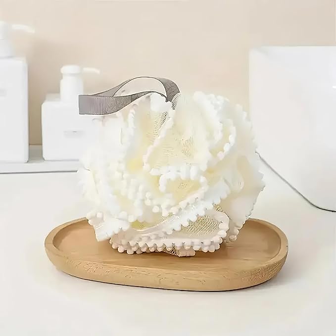 Large Luxurious Bath Ball Loofah Sponge Pouf Puff Mesh for Shower - Soft, Quick-Dry Exfoliating Foaming Deep Cleansing Body Scrubber - White