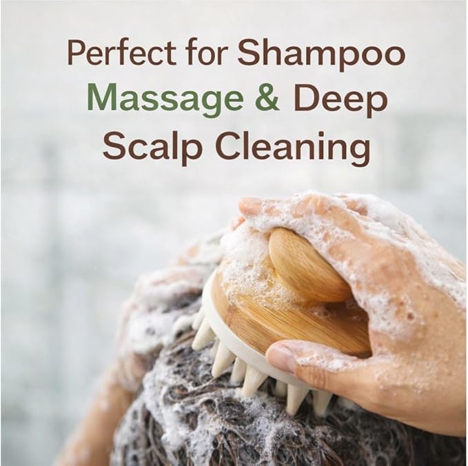Scalp Massager Shampoo Brush - Soft Silicone Scalp Scrubber for Hair Growth & Dandruff Removal - Natural Bamboo Handle Deep Scalp Cleansing Brush for Men & Women