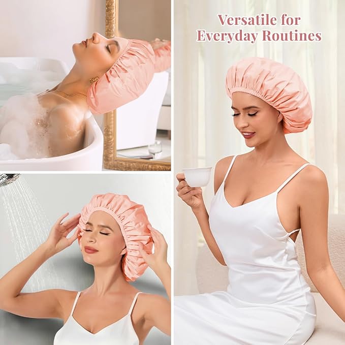 Shower Cap for Women Waterproof Reusable, Large Shower Cap Non-Slip with Elastic Band, Washable Bath Hair Hat for Long Hair, Braids (Flesh Pink)