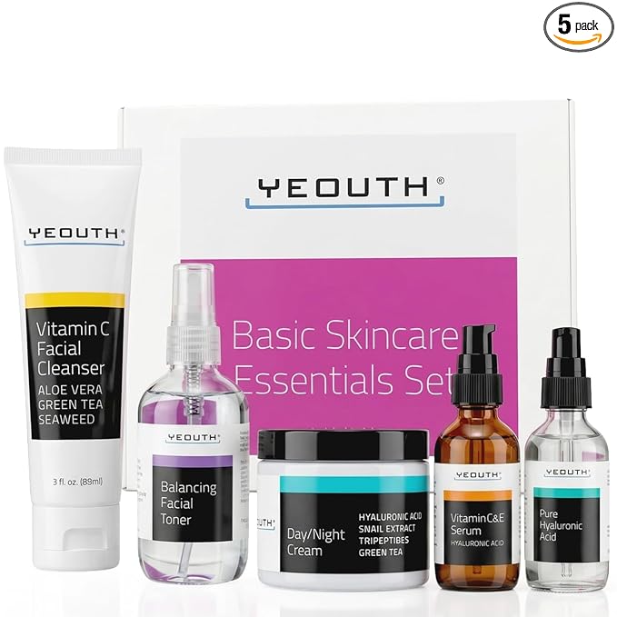 YEOUTH Skin Care Set: Hyaluronic Acid Serum for Face | Vitamin C Facial Serum | Face Cleanser | Skincare Toner & Cream | Hydrating Skin Care Gift Set 5-Piece