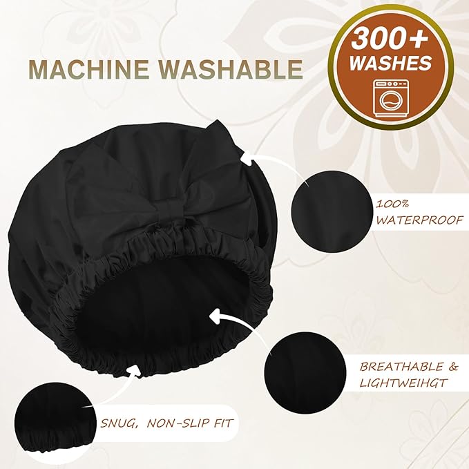 Shower Cap for Women, Cute Bow Waterproof Reusable Bath Cap, Non-Slip Anti Humidity, Roomy Anti-Frizz for Short Medium Wavy Hair, Soft Elastic & Machine Washable, Black