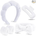 VELSCRUN Spa Headbands for Wash Face, Makeup Headband, Facial Skincare Headbands, 5 Pcs White Puffy Sponge Spa Headband Bow Tie Hair Band Hair Clips Wristband Set Women Girls Accessories