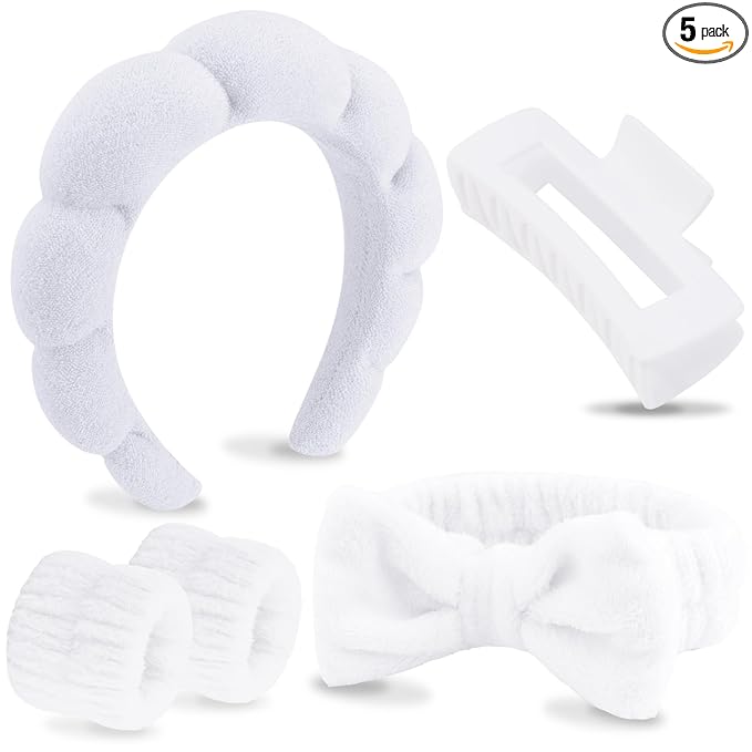 VELSCRUN Spa Headbands for Wash Face, Makeup Headband, Facial Skincare Headbands, 5 Pcs White Puffy Sponge Spa Headband Bow Tie Hair Band Hair Clips Wristband Set Women Girls Accessories