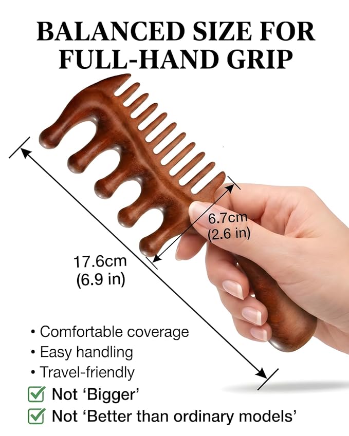 Wooden Scalp Massager Comb – Natural Wood Wide & Fine Tooth with Handle for Hair Growth, Scalp Care & Stress Relief – Detangling Tool for All Hair Types