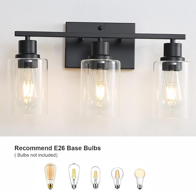 Bathroom Vanity Light Fixtures, 3-Light Matte Black Bathroom Lights, Wall Sconces with Clear Glass Shade for Hallway Farmhouse Bedroom Living Room