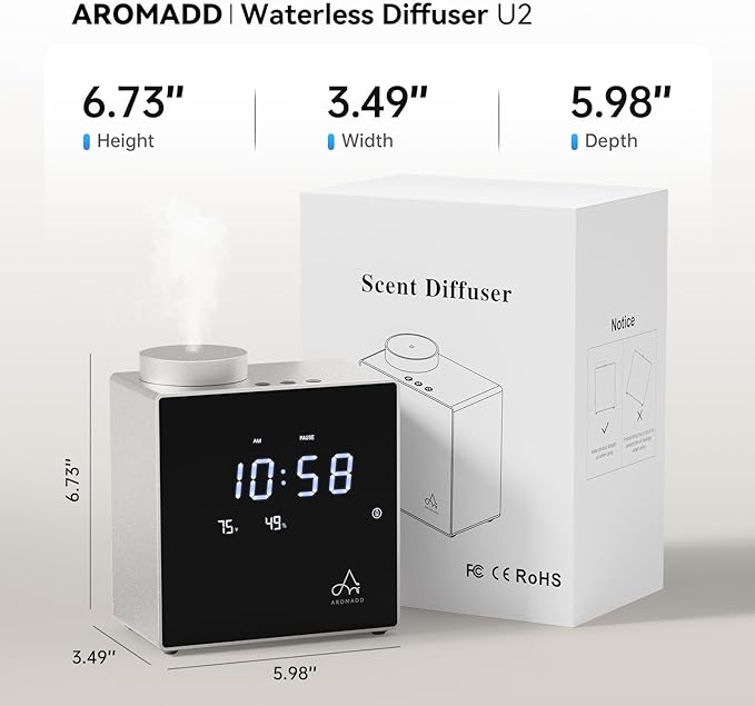 2026 Smart Waterless Diffuser, 2000 Sq.Ft Cold Air Scent Diffuser with Clock & Environmental Display | 7 Fragrance Levels, 9 Timer Settings, Hotel Collection Diffuser for Home & Large Rooms (Silver)