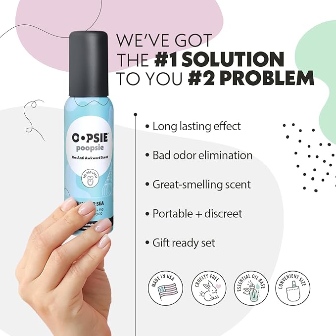 Oopsie Poopsie Toilet Spray, Travel Essentials, Each Up to 300 Uses, On-The-Go Bathroom Odor Deodorizer with Essential Oils, TSA Approved Size, Summer Sea 1 Pack, 2 Fl Oz