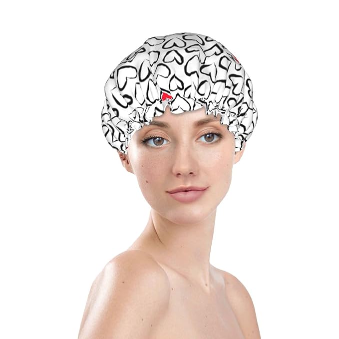 Love Hearts Shower Cap For Women Reusable Waterproof Double Layers Bath Cap Hair Protection Elastic Ladies Spa Salon Shower Hat