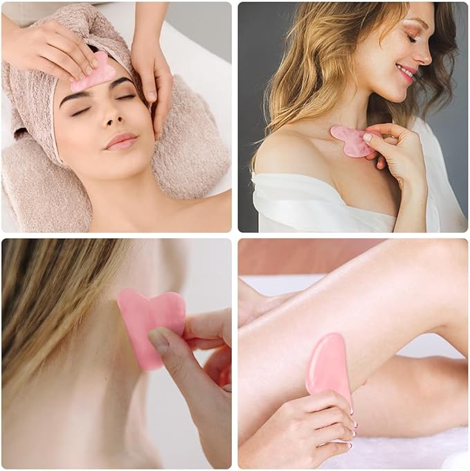 URAQT Gua Sha Facial Tools Rose Quartz Guasha Tools for Face & Eye Gua Sha Stone Skin Care Body Tighten Skin Massage Tools for Puffiness Reducing & Jawline Sculpting Face Stone Gua Sha Tools (Pink)