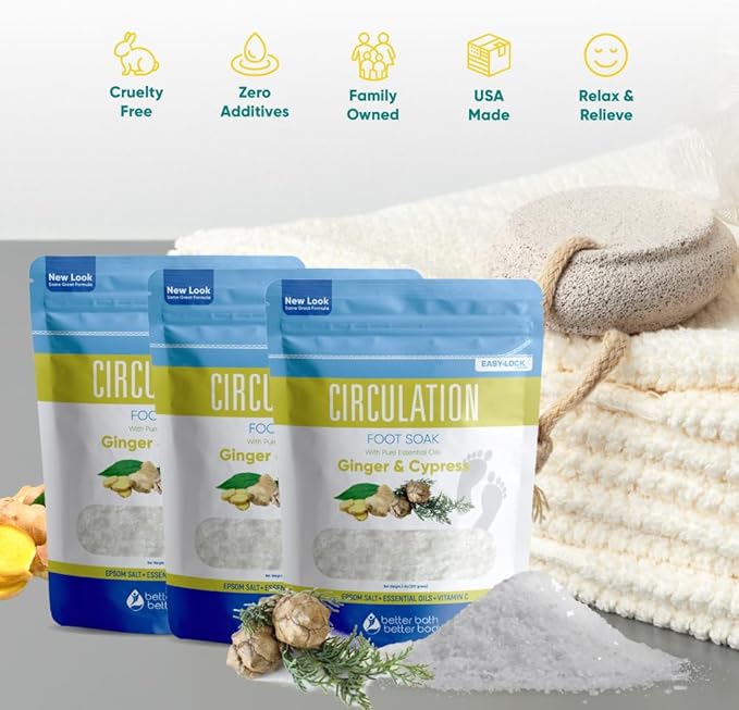 Circulation Foot Soak (3-Pack with Scoop) Foot Soaking Epsom Salts with Pure Essential Oils in BPA Free Pouch with Press-Lock Seal Made in USA, Three 2-Lbs Pouches 6-Lbs Total