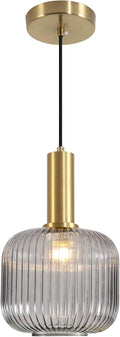 KCO Lighting Mid Century Smoke Glass Pendant Light Antique Brass Kitchen Island Pendant Lighting Modern Striped Glass Globe Hanging Light Large Industrial Pendant Light Fixture
