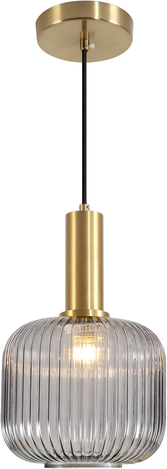 KCO Lighting Mid Century Smoke Glass Pendant Light Antique Brass Kitchen Island Pendant Lighting Modern Striped Glass Globe Hanging Light Large Industrial Pendant Light Fixture
