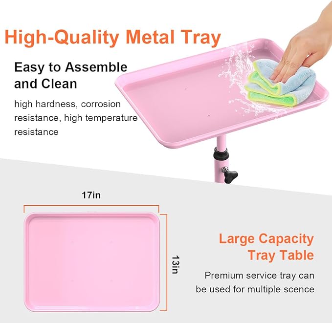 Salon Tray Cart Tattoo Tray Rolling Cart, Service Rolling Tray, Height Adjustable Styling Tray, Storage Tray Trolley for Beauty Salon Clinic Spa (Pink)